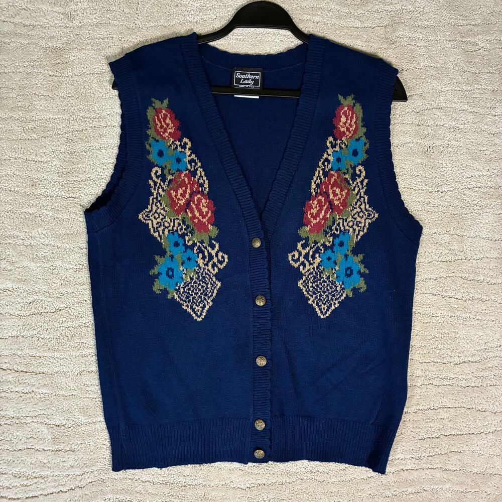 Vintage 90s Southern Lady M Grandmacore Floral Knit Preppy Vest Layering Blue